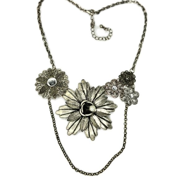 Vintage Metal Flower Drop Chain Neckace, Rhinestone and Pearl Accents, 20" - Picture 2 of 3